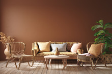 Modern Interior In Terracotta Color  With Leather Sofa, Rattan Armchairs And Flower, 3d Render