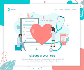 Wall Mural - Take care of your heart. Doctors check heart health. Landing design template. Flat vector illustration.