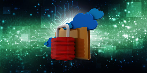 Poster - Yellow folder and lock. Data security concept. 3D rendering