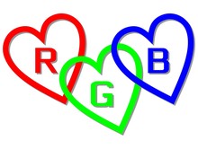 RGB Color Space Designed Like Hearts With Letters R,G And B, Basic Red, Basic Blue And Basic Green. Vector Design