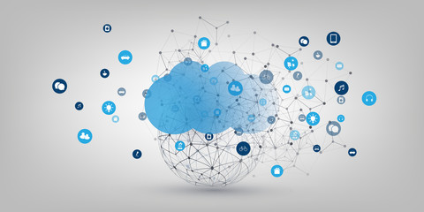 Poster - Cloud Computing Design Concept - Digital Connections, Technology Background with Wireframe Sphere and Geometric Network Mesh