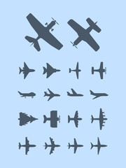 Wall Mural - Aircraft silhouettes. Plane for travellers jet transportation vector aviation icons. Plane air flight jet silhouette, transport airplane illustration