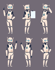 Canvas Print - Android characters. Cyborg in different poses standing pointing humanoid spaceman vector futuristic set. Robot and cyborg illustration, machine robotic character