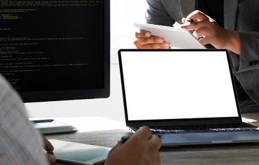 Poster - businessman using laptop at home Laptop with blank screen on table  notebook space