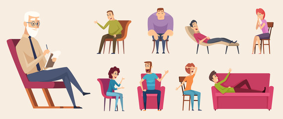 Wall Mural - Psychotherapy consulting. People dialogue crowd conversation with psychology consultant family therapy vector. Illustration psychotherapy and consultation psychology