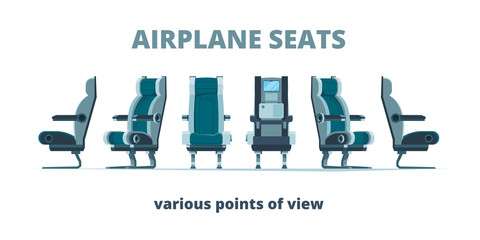 airplane seat. aircraft interior armchairs in different side view vector flat pictures. illustration