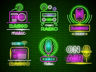 Poster - Radio glowing logo. Neon style colored business music broadcast emblem live show vector ads. Radio neon sign, light signboard illustration