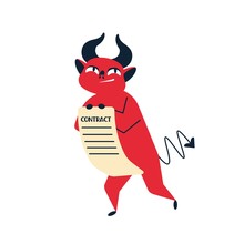 Smiling Cartoon Red Devil Contract Vector Flat Illustration. Horned Monster Character Offering Treaty Agreement Isolated On White Background. Deceitful Business Deal Concept, Selling Soul To Demon.