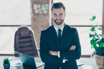 Poster - Photo of successful handsome business guy self-confident hands crossed look colleagues corporate meeting gathering wear black blazer shirt tie suit standing near table office indoors