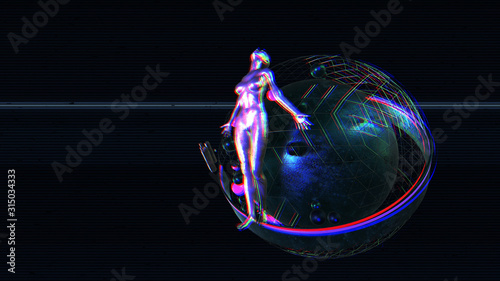 Abstract Art | Female body. Metallic sphere with neon bubbles on dark striped...