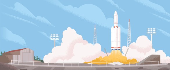 Wall Mural - spaceship start cartoon vector illustration. heavy rocket carrier taking off, launching satellite or