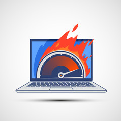 Laptop screen with internet speed test. Vector icon.