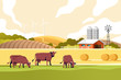 Agriculture industry, farming and animal husbandry concept. Summer rural landscape with cows, fields and farm. Vector illustration.