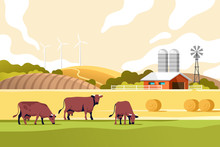 Agriculture Industry, Farming And Animal Husbandry Concept. Summer Rural Landscape With Cows, Fields And Farm. Vector Illustration.