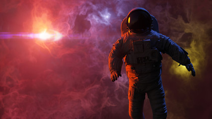 Wall Mural - astronaut in nebula close to a binary star system
