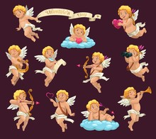 Cupid Angels Cartoon Vector Characters Of Valentines Day Holiday. Cartoon Amurs Or Cherubs Flying With Hearts, Arrows And Bows, Love Letter, Harp And Pipe, Clouds, Binoculars And Vintage Ribbon Banner