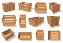 Wooden Crates And Boxes, Cargo Shipping Containers Vector Isolated Objects. Open Pallets, Empty Wood Baskets And Packages, Warehouse Storage, Delivery And Transportation Industry