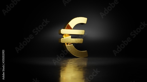 Fotomural gold metal symbol of euro sign 3D rendering with blurry reflection on floor with