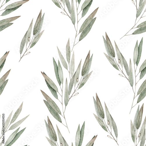 Watercolor seamless pattern. Vintage print with  eucalyptus branches. Hand dr...