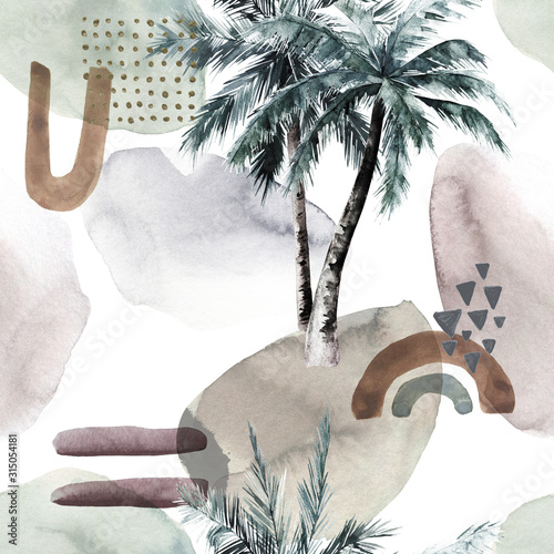 Abstract tropical pattern with  palm trees. Watercolor seamless print. Jungle...