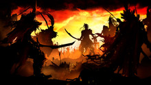 Battle Of Two Armies In The Center Of The Orc Warrior Surrounded On All Sides By Knights With Long Swords, Behind Him A Horde Of Warriors With Spears And Swords, Against The Background Of A Bright Yel