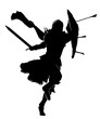 The silhouette of a warrior with a sword in one hand and a shield with protruding arrows in the other, running to attack . 2D illustration.