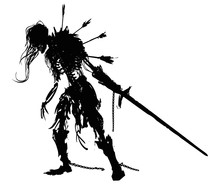 The Black Silhouette Of A Creepy Skeleton In Rags With Open Ribs And Spine, Long Hair Sticking Out Of The Skull, With Arrows In The Back, And With The Sword Dragging Forward. 2d Illustration.
