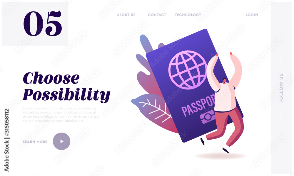 Tourist Get Visa and Passport for Traveling Abroad Website Landing Page. Happy Cheerful Man Rejoice with Hands Up, Immigrant Get Country Citizenship Web Page Banner. Cartoon Flat Vector Illustration - obrazy, fototapety, plakaty 