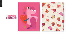 Valentines Postcards -Valentines Day Graphics. Modern Flat Vector Concept Illustration - Greeting Cards - Dinosur Holding A Heart And Pattern Of Happy Heart Characters