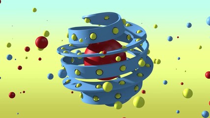 Poster - 3D animation of a blue spiral twisted into a Mobius ribbon with holes on the surface and a lot of small balls. Spheres fly in space, abstractly. 4K abstract 3D animation.