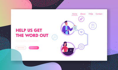 Poster - Referral Program Strategy, Network Marketing, Affiliate Partnership Website Landing Page. Businesspeople Connected as Referring Friends and Partners Web Page Banner. Cartoon Flat Vector Illustration