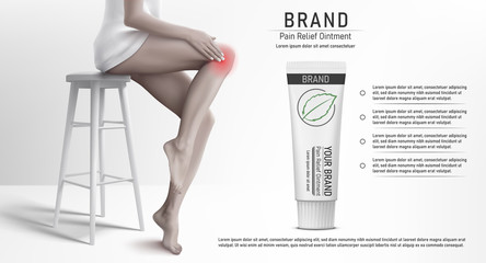 Discoloured Illustration with woman that sitting on the stool, rubbing her knee and suffering from pain in knee with the pain relief ointment tube mockup. Vector illustration.