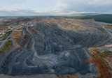 Fototapeta Desenie - Karagai quarry in Satka city. Chelyabinsk region, Russia. Aerial, summer, evening