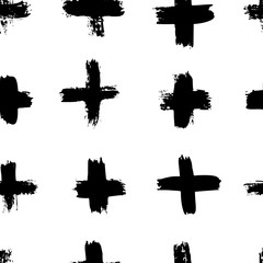 Wall Mural - Plus signs and crosses seamless pattern of brush strokes. Vector monochrome grunge texture from X.