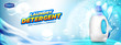 Laundry detergent banner. Blank bottle filled by detergent with water splash and bubbles on bright blue background ready for branding and ads design.