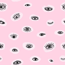 Vector Seamless Textured Pattern. Hand Drawn Repeat Background With Eyes.  Cute Fabric Design.
