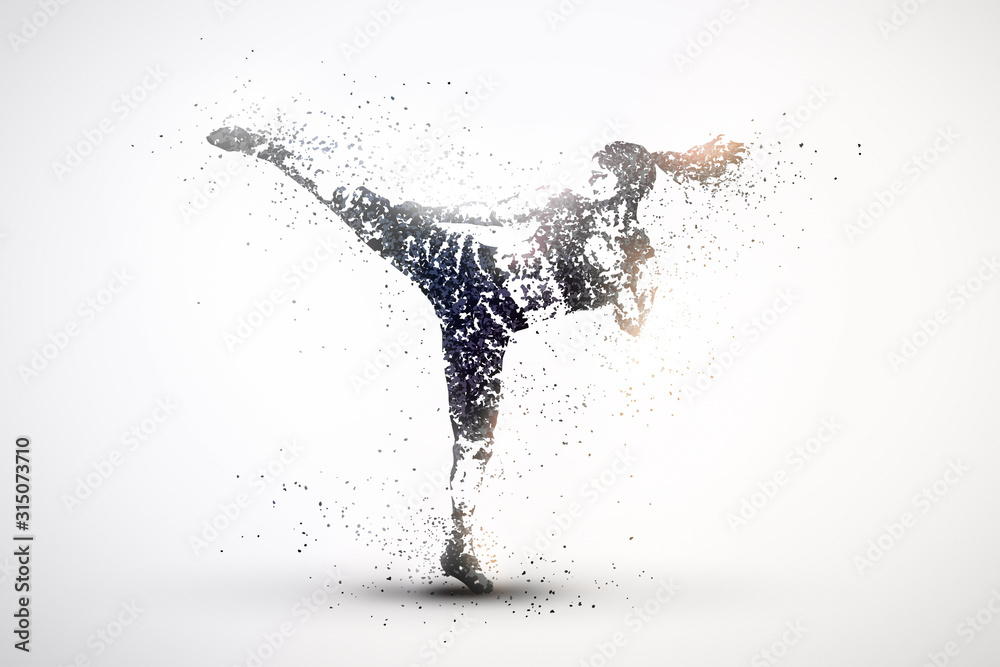 фотографія silhouette of a kickboxing from particles 2, silver light background