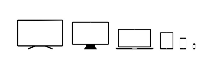 Wall Mural - Device vector icon: tv, computer desktop, laptop, tablet, smartphone, watch. Set of devices vector isolated icons.