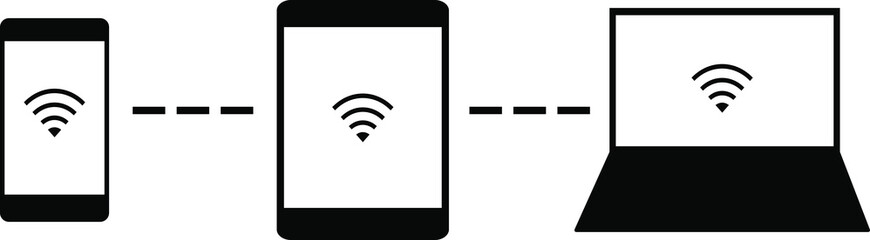 Black icons of a smartphone, tablet and laptop with a Wi-Fi icon connected by a dashed line, vector graphics, illustration