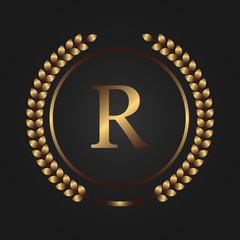 Letter R logo design vector dark concept with round element . Beautiful logo design for luxury company branding.