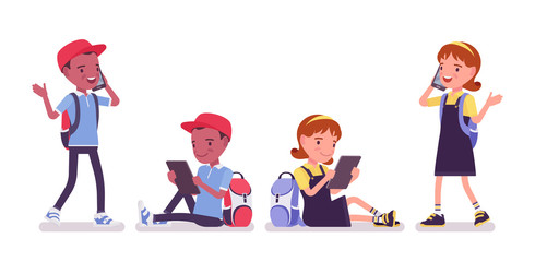 Wall Mural - School boy, girl with gadgets, smartphone, tablet. Cute small children talking on phone, active young kids, smart elementary pupils aged between 7, 9 years old. Vector flat style cartoon illustration