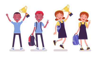 Wall Mural - School boy and girl in a casual wear standing with trophy cup. Cute small children with rucksack, active young kids, smart elementary pupils 7 and 9 years old. Vector flat style cartoon illustration
