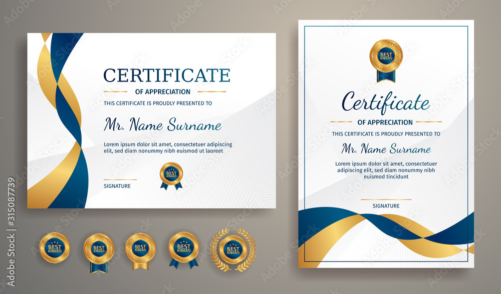 Blue and gold certificate of achievement template with gold badge and ...