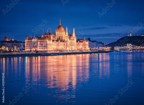 The famous Hungarian Parliament in Budapest in dusk
