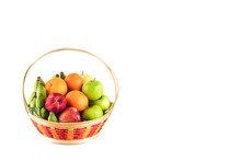 Orange, Chinese Pear, Banana, Red Apple And Green Apple In Wicker Basket On White Background Fruit Health Food Isolated