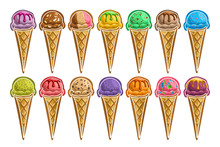 Vector Set Of Ice Creams Cones, Group Of 14 Cut Out Illustrations Sweet Snacks Different Colors On White, Collection Of Yummy Frozen Ice Creams In Waffle Cones With Milky Ingredients For Cafe Menu.