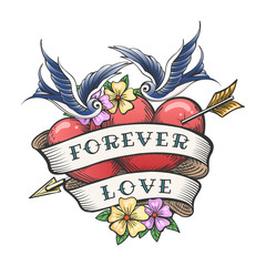 old school tattoo with swallows and hearts