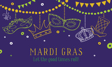 Mardi Gras Composition With Masks, Crowns And Hat Hanging On Beads. Vector Hand Drawn Sketch Color Illustration