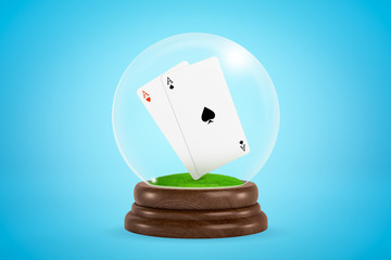 Poster - 3d rendering of ace of hearts and ace of spades floating inside glass ball globe on blue background.