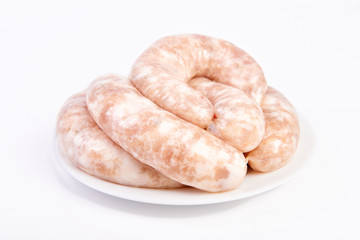 Raw Sausages, Oktoberfest Sausages close-up, isolated on white background.